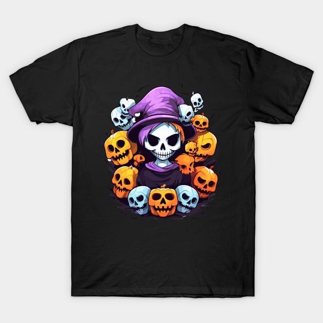 Halloween Kawaii Zombie Witch in Fishnet Outfit Amidst Colorful Magic Skulls T-Shirt by InkInspire